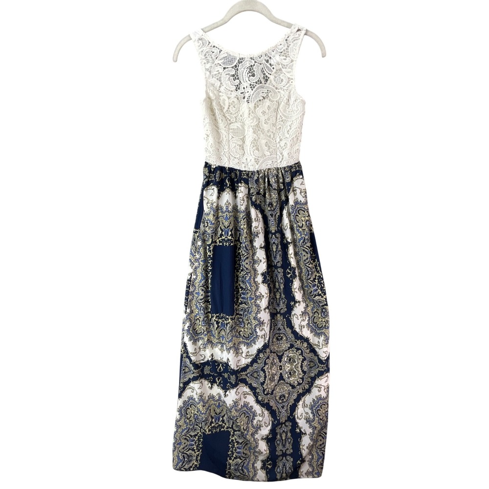 Charlotte‎ Russe Maxi Dress Womens S White Navy Blue Excellent Lace Paisley Boho